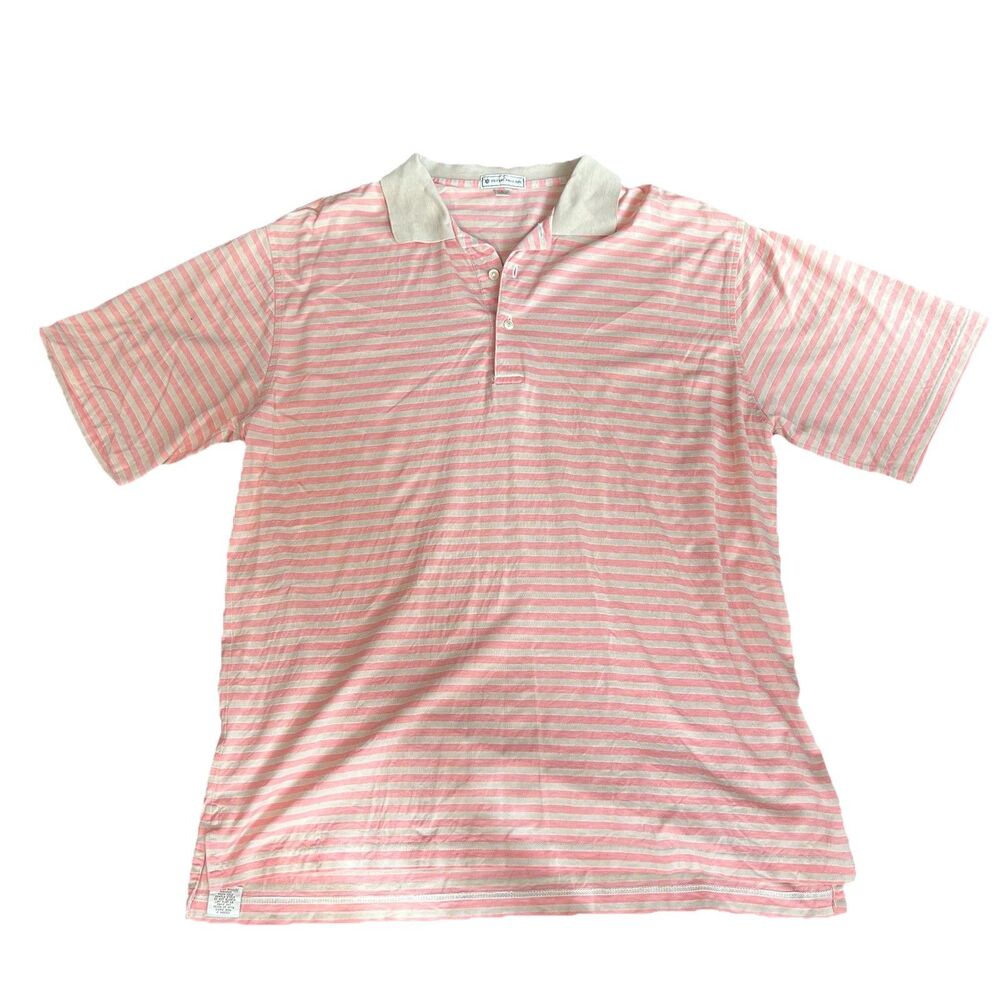 Peter Millar Crown‎ Mens Golf Polo Shirt Pink/Tan Stripe Cotton Short Sleeve L